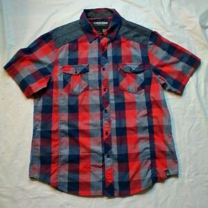 Machine Shirt XL Men Red/Blue Plaid Checkered Button Down Short Sleeve Adult Tee